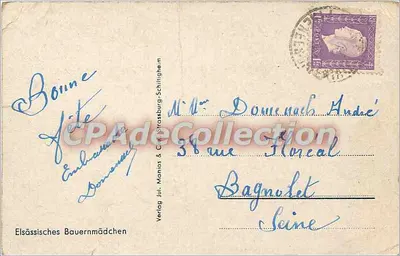 Wesołych świąt — Elsässisches Bauernmädchen — Wydawnictwo Juli Manios & Cie. Strassburg-Schillingheim — Rewers