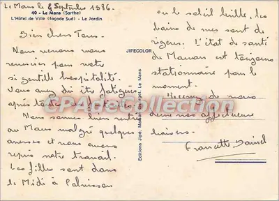 Półnowoczesna pocztówka Le Mans (Sarthe) Hotel de Ville (Fasada Południowa) Ogród — Rewers