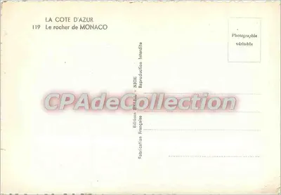 Der Felsen von Monaco — Die Côte d'Azur — Editions Della, NICE, Nr. 119 — Rückseite