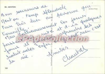 Menton — vista panorámica con fuente, ciudad, playa y puerto — editor Diamant, n° 101 — Reverso