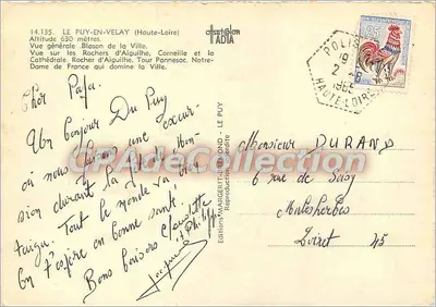 Le Puy-en-Velay — vista geral com brasão, rochedos de Aiguilhe, catedral e estátua de Nossa Senhora da França — Edições WARGENT-IRELAND — Verso