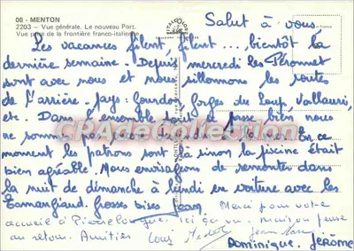 Menton — Vista del nuevo puerto y de la frontera franco-italiana — Editor: Couleurs Naturelles, n° 2203 — Reverso