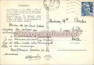 Tours — Ponte de Pedra e catedral Saint-Gatien — Editor Estel, n°2106 — Verso