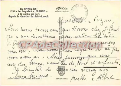 Le Havre — Le paquebot « France » à la sortie du port — Lumicap — Verso