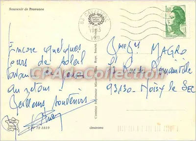Lembrança da Provença — cartão postal ilustrado com gruta, girassol, grilo e campos de lavanda — editor não visível — Verso