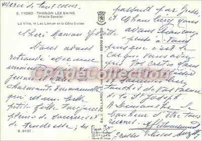 Thonon-les-Bains — vista aérea do lago Léman e da cidade — Bilhete postal antigo de Coleção — Verso