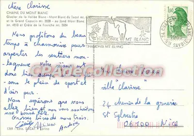 Cadena del Monte Blano — Glaciar de la Vallée Blanche y Cresta de la Fourche — editor SACAT, n°1268 — Reverso