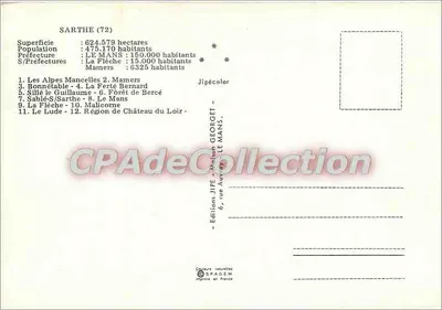 Sarthe Turística — Carta postal turística com mapa detalhado e fotos de locais — Edições JIPÉCOLOR — Verso