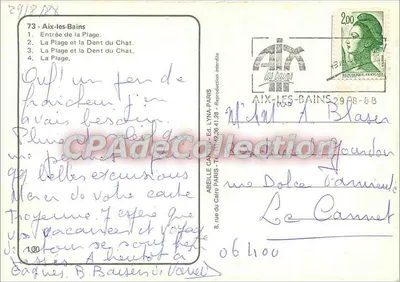 Aix-les-Bains - A Praia — vista panorâmica com montanhas e piscina — editor ABEILLE CARNET, n°73 — Verso