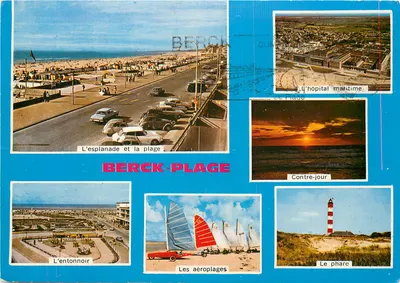 Berck-Plage — vista panorâmica com a esplanada, a praia, o hospital marítimo, o farol e os aviões — editor Couleurs Naturelles, n° 112