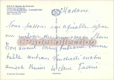 Valescure — Hôtel-restaurant — S.N.C.F. Maison du Souvenir — Verso