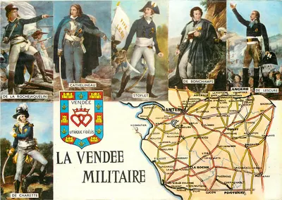 La Vendée Militaire — Antieke ansichtkaart met portretten van Vendéese leiders en kaart van de regio — Uitgegeven door Artaud de la Métalure in Antes-Carqueffou