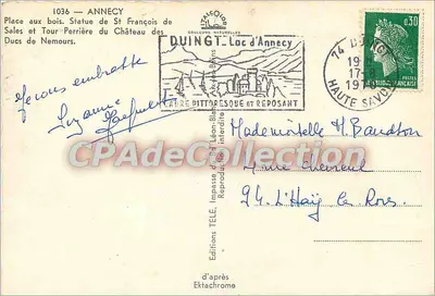 Annecy — Place aux Bois avec statue de Saint François de Sales et Tour Perrière des Ducs de Nemours — Éditions Duingt — Verso