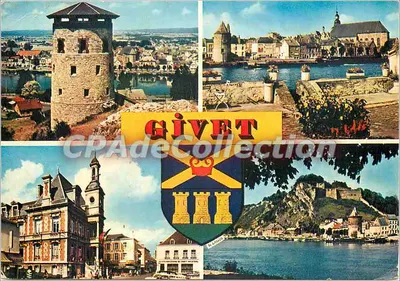 Givet (Ardennes) — vista panorâmica com torre Grégoire, forte Charlemont, Hotel de Ville e brasão — Edições HENGEN-SOPARA