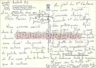 Mont Ventoux — widok panoramiczny z wieżą telekomunikacyjną i kościołem — Éditions Magen, n° 95.617 — Rewers