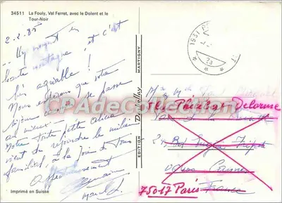 La Fouly, Val Ferret, com o Dolent e o Tour-Noir — Edição Martigny, n° 34511 — Verso