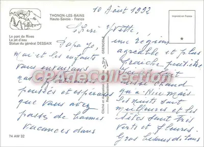 Thonon-les-Bains — vista del porto, della fontana e della statua del generale Desaix — editore Grenoble — Verso