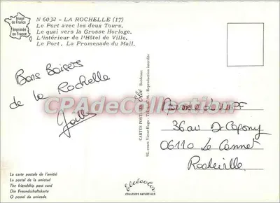 La Rochelle — vue du port avec les deux tours et autres sites — Imprimée en France, n° 6032 — Back