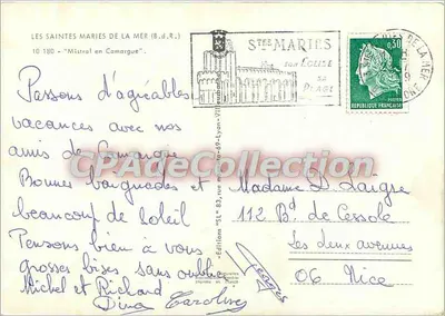Cavallo bianco — davanti a una casa con tetto di paglia — Les Saintes-Maries-de-la-Mer (B.d.R.) — Verso