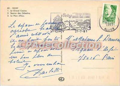 Vichy — Duży Kasyno, Źródło Cieśników, Plan Wody — wydawca Vichy — Rewers