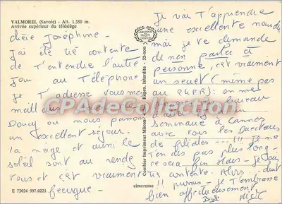 Valmorel (Savoie) — Chegada superior do teleférico — Conbier Imprimeur Mâcon — Verso