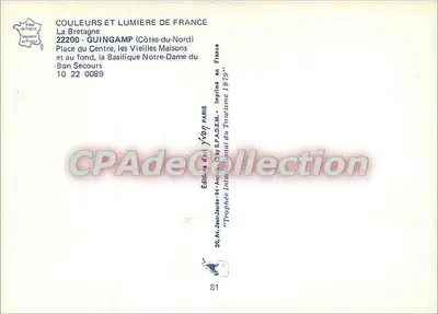 Guingamp — Place du Centre, les Vieilles Maisons et au fond, la Basilique Notre-Dame du Bon Secours — Éditions d'Art Jan-Juans — Verso