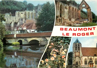 Beaumont-le-Roger — ruínas de abadia, ponte, flores, igreja — Émy