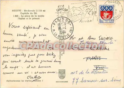 Mégeve — Piazza del comune e la chiesa — Editore Mexichrome — Verso