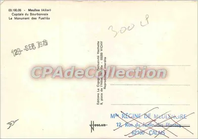 Moulins (Allier) — Stolica Bourbonnais — Pomnik Strzelców — Wydawnictwo La Cigogne — Rewers