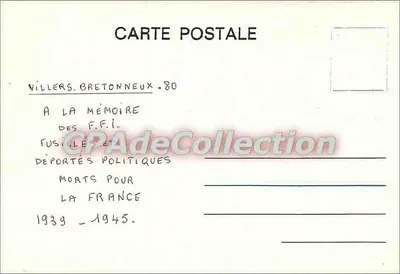 WILLERS-BRETONNEUX — Memorial dos F.F.I. fuzilados e deportados políticos mortos pela França — 1939-1945 — Verso