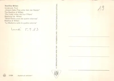 Bazylika Wilten — Wnętrze barokowe z ozdobami — Tirolien Kunstverlag Chizzi, n° 3 026 — Rewers