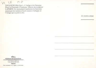 Praça da Fourcade em Toulouse — Monumento escultórico representando a Garonne e o Ariège — Edições & Impressões COMBIDIER Macon, n° C3 31555-1-0164 — Verso
