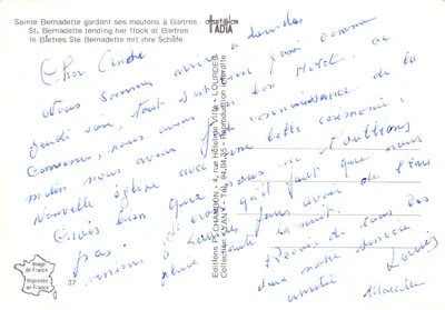 Santa Bernadette — cuidando sus ovejas en Bartres — editor ADIA, n.º 37 — Reverso