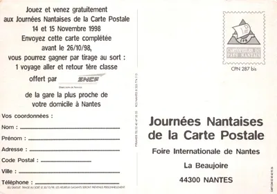 Nantes - Parc Expo La Beaujoire — Feira Internacional, Jornadas Nantais da Carta Postal, editada por CARTOPHILES DU PAYS NANTAIS — Verso