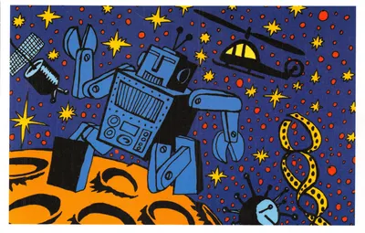 Robô no espaço — cena de ficção científica com helicóptero e satélite — ilustrada por Hervé Di Rosa, série 'O Século das Ciências' (La Poste)
