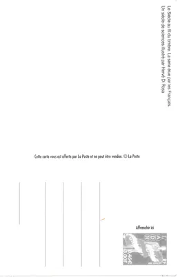 Robô no espaço — cena de ficção científica com helicóptero e satélite — ilustrada por Hervé Di Rosa, série 'O Século das Ciências' (La Poste) — Verso