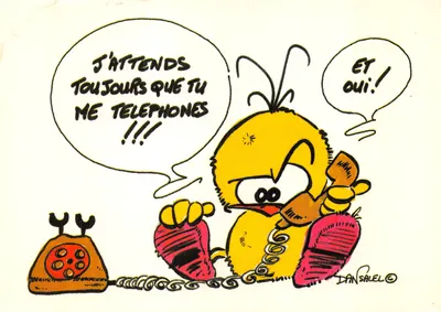 Pássaro amarelo esperando uma ligação — desenho de Dan Salel — editor CARTOTEC, n°43