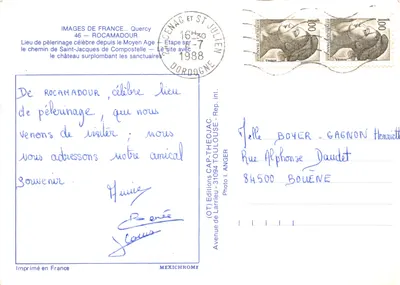 Rocamadour... Lot — widok panoramiczny wioski położonej na skale z budynkiem religijnym — Éditions de Larrieu — Rewers