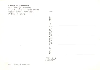 Castelo de Chambonas — Salão do Império com bilhar e retratos de família — Impressor Combier — Verso