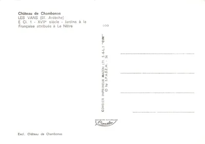 Castillo de Chambonas — vista del castillo con jardines — editor Combier Imprimeur Mâcon — Reverso