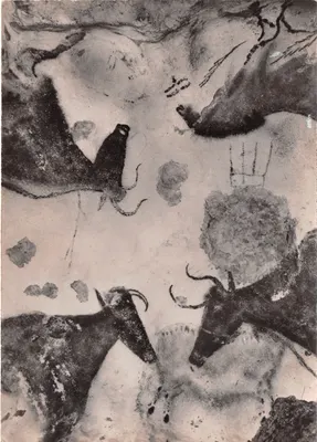 Grotte de Lascaux — Diverticule axial com bovidos e cavalo — editor Serv. Commercial Monuments Historiques, Paris
