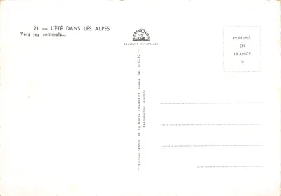 Krzyż na szczycie alpejskim — widok Alp z lodowcami — wydawca Editions JANSOL, Chambery — Rewers