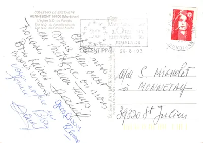 Hennebont — igreja Nossa Senhora do Paraíso iluminada ao entardecer — Éditions d'Art Jack — Verso