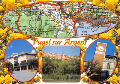 Puget sur Argens — carta turística com mapa topográfico e três fotos — Éditions Florian Mistral