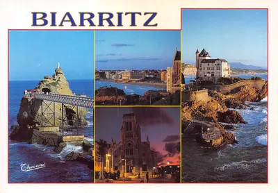 Biarritz — vista panorâmica com Rocher de la Vierge, praia, igreja e vila — editor Chouand, n° 168