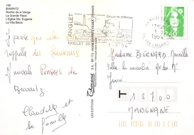 Biarritz — vista panorâmica com Rocher de la Vierge, praia, igreja e vila — editor Chouand, n° 168 — Verso