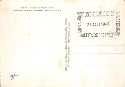 Les Roches Tuillières e Sanadoire (1288 e 1296 m) — Vista do Mont-Dore — Edição « La Cigogne » — Verso