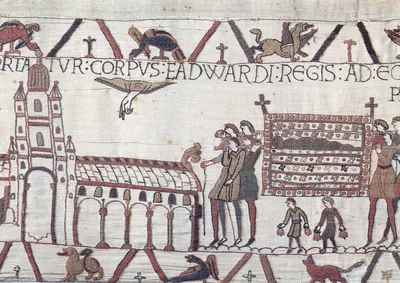 Tapisserie de Bayeux — Le corps d'Édouard est porté à l'église Saint-Pierre — Imp. La Renaissance, Bayeux