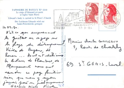 Tapisserie de Bayeux — Le corps d'Édouard est porté à l'église Saint-Pierre — Imp. La Renaissance, Bayeux — Verso