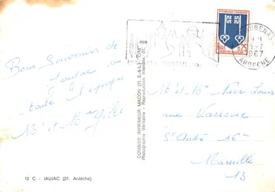 Jaujac — as correntes basálticas, o ponte do Chastelat, vista geral — Imprimeur Combière (71 S.&L.) — Verso